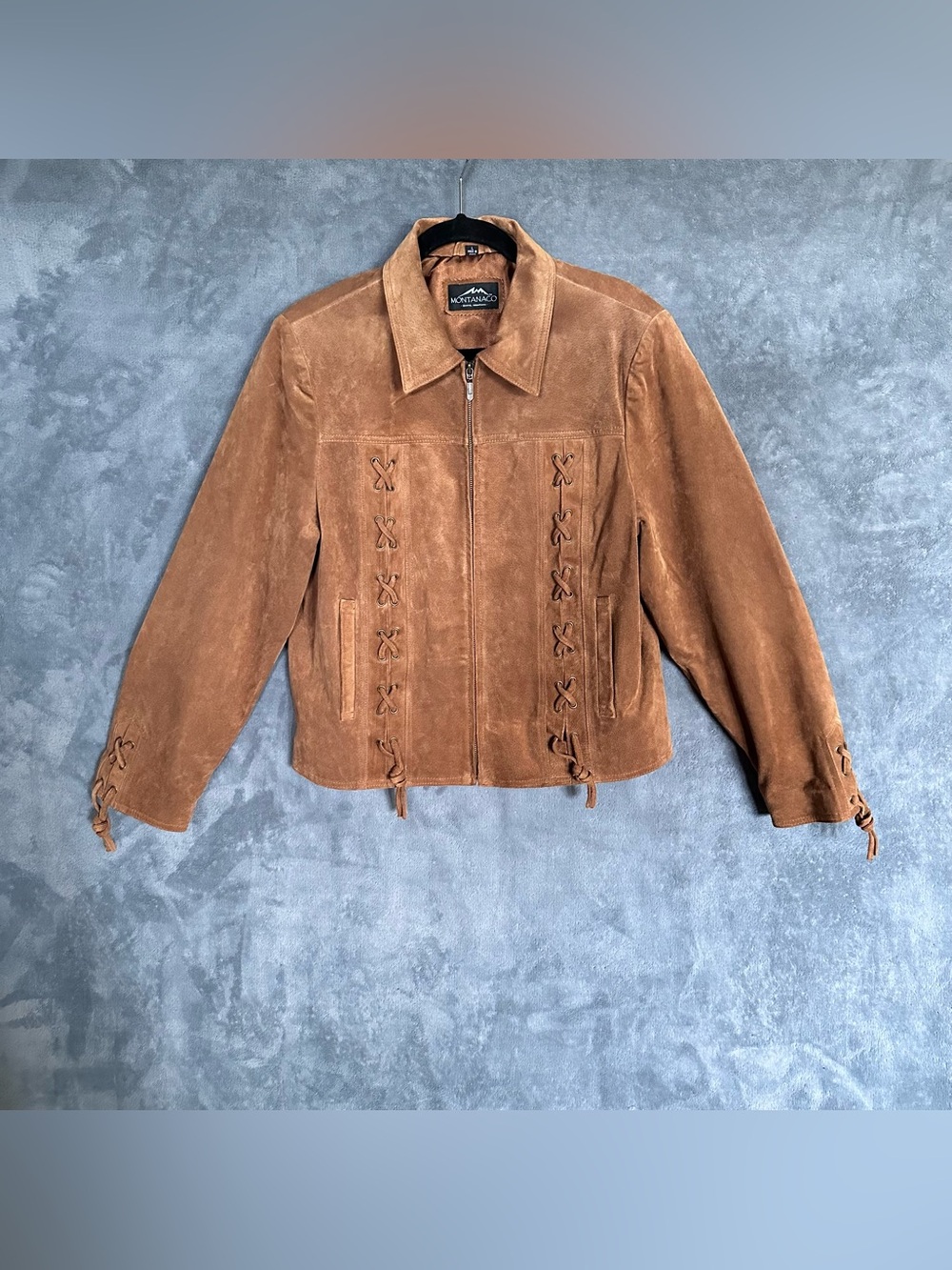 Montanaco men’s Brown Suede leather Lace-Up detail Zip Jacket size large